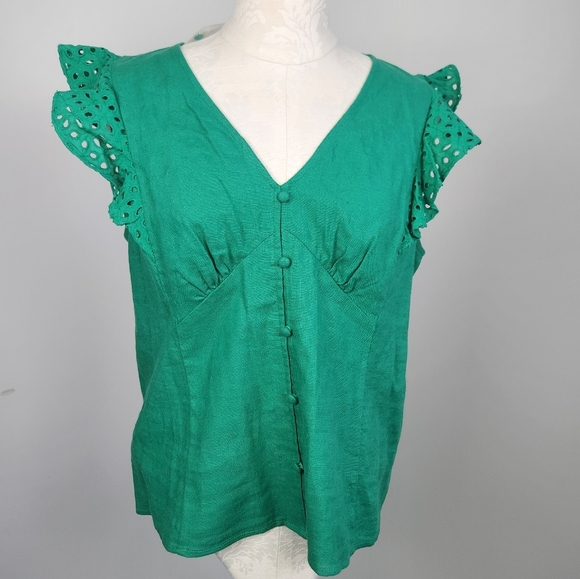 Fairycore Green Linen Blend Milkmaid Sleeveless Top Eyelet Ruffle Sleeves Size M - Picture 2 of 9